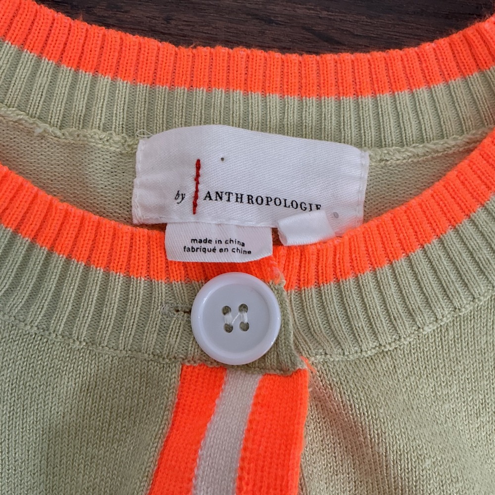 Anthropologie Cardigan Striped Lime Green Neon Orange Button Front Size S Knit - Picture 2 of 8